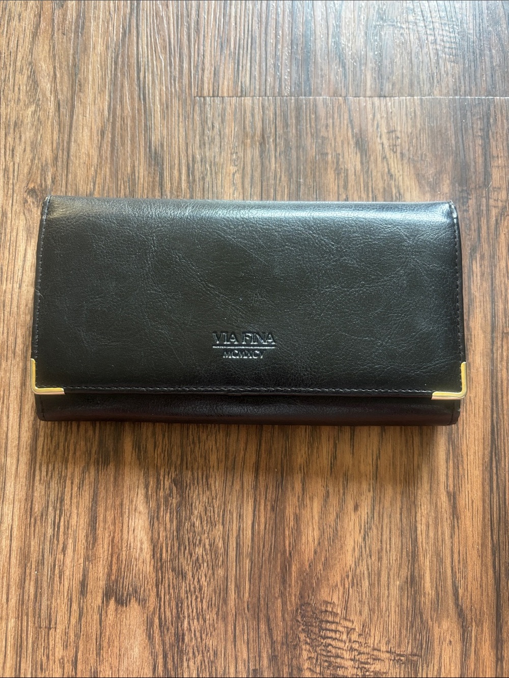 Vintage VIA FINA MCMXCV Black Leather Tri-Fold Checkbook Wallet Gold Corners